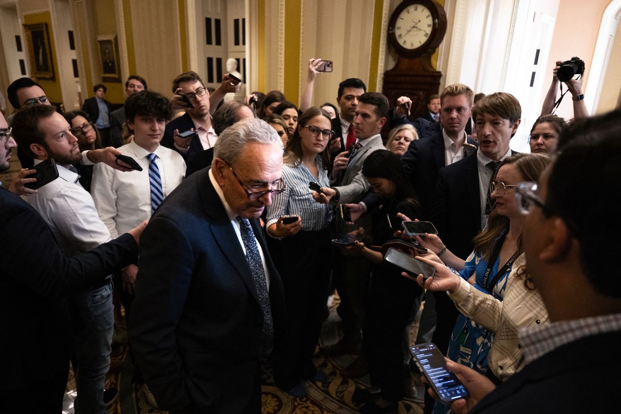 Senate Minority Leader Chuck Schumer turns and walks away after speaking with reporters at the US Capitol in Washington, DC, on June 30.