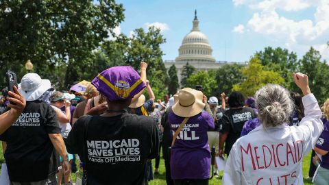 Workers with the Service Employees International Union rally outside the US Capitol on June 26 in Washington, DC.