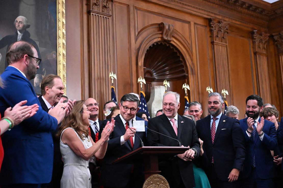 House Speaker Mike Johnson, center, alongside Republican lawmakers, shows the final tally of the vote on US President Donald Trump's tax bill, One, Big, Beautiful Bill Act during a press conference US Capitol in Washington, DC, on July 3.