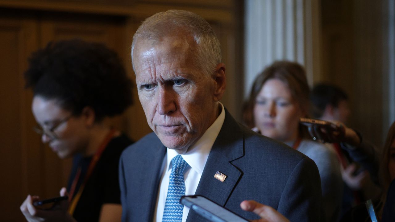 Sen. Thom Tillis speaks to reporters at the US Capitol Building on June 30 in Washington, DC.
