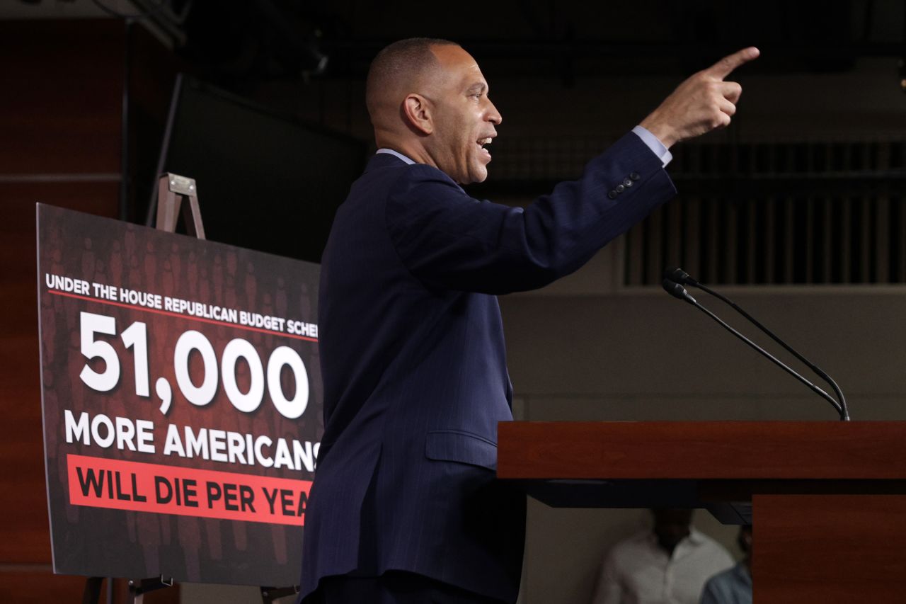 House Minority Leader Rep. Hakeem Jeffries speaks during a news conference at the US Capitol on July 1 in Washington, DC.