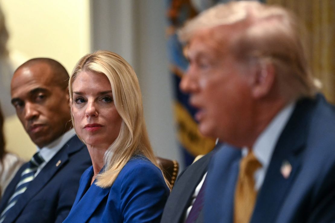 Attorney General Pam Bondi looks on as President Donald Trump speaks during a cabinet meeting in the Cabinet Room of the White House in Washington, DC, on July 8.