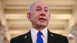 Israeli Prime Minister Benjamin Netanyahu speaks to the press after meeting with US Speaker of the House Mike Johnson at the US Capitol in Washington, DC, on July 8.