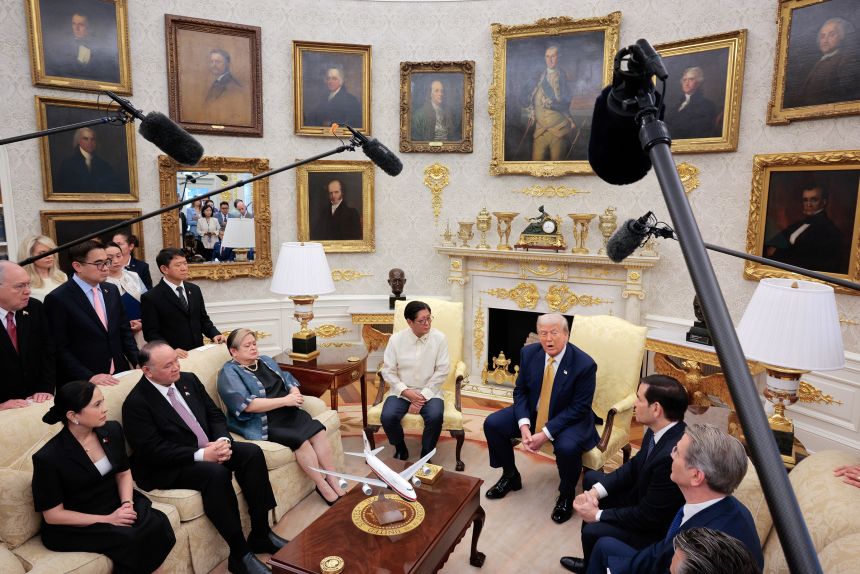 President Donald Trump hosts Philippine President Ferdinand Marcos Jr. and members of his delegation in the Oval Office at the White House on July 22 in Washington, DC.