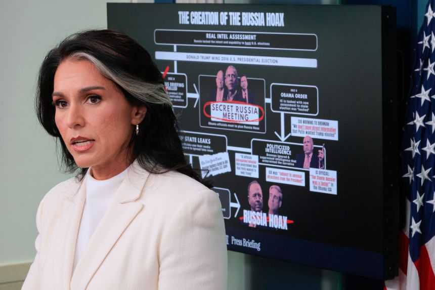 White House Director of National Intelligence Tulsi Gabbard talks to reporters in the Brady Press Briefing Room at the White House on July 23 in Washington, DC.