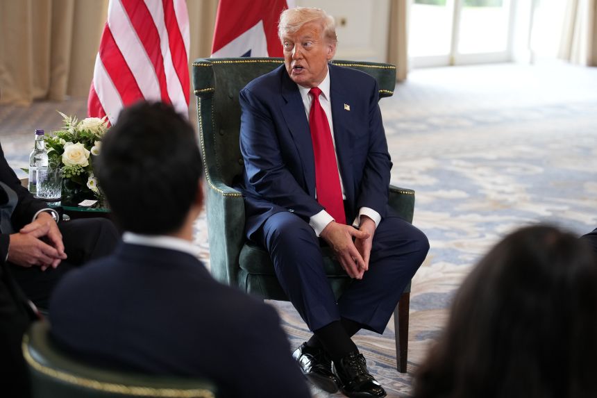 President Donald Trump reacts as he meets British Prime Minister Keir Starmer for bilateral talks at Trump Turnberry golf club on July 28 in Turnberry, Scotland. 