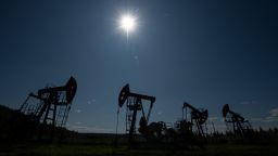 Oil pump jacks outside Almetyevsk, Russia, on July 14.