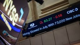A news ticker broadcasts jobs report news on the floor of the New York Stock Exchange in New York, on August 1.