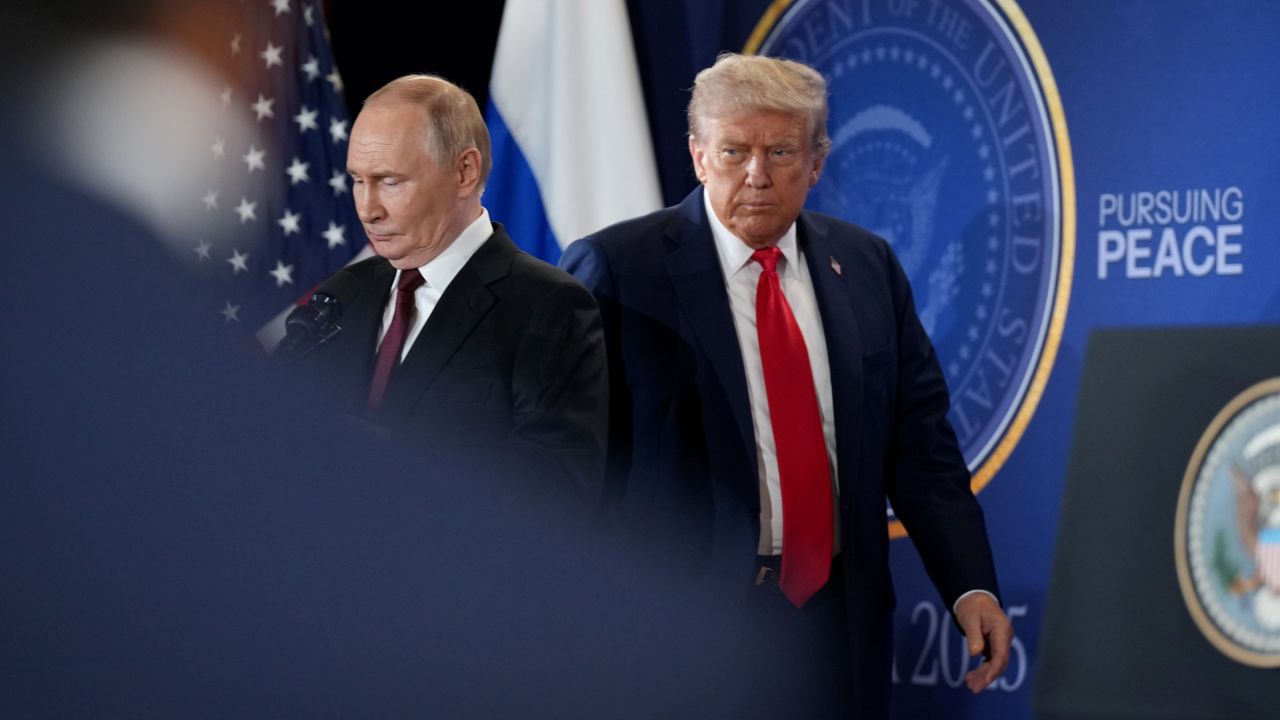 ANCHORAGE, ALASKA - AUGUST 15: U.S. President Donald Trump (R) and Russian President Vladimir Putin arrive for a press conference at Joint Base Elmendorf-Richardson on August 15, 2025 in Anchorage, Alaska. The two leaders are meeting for peace talks aimed at ending the war in Ukraine. (Photo by Andrew Harnik/Getty Images)