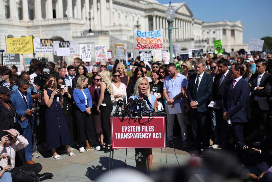Greene speaks at a news conference at the US Capitol on September 3, calling for the release of all unclassified documents in the Jeffrey Epstein case.