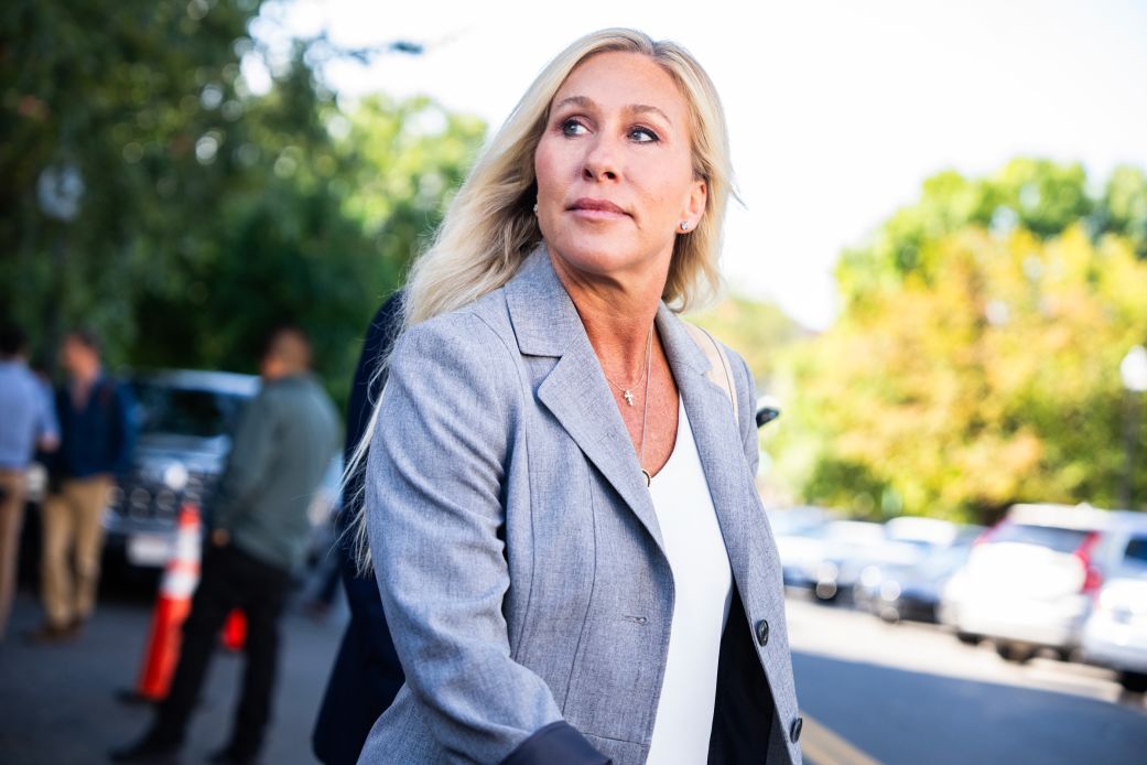 Rep. Marjorie Taylor Greene speaks to reporters after a meeting of the House Republican Conference at the Capitol Hill Club on September 9.