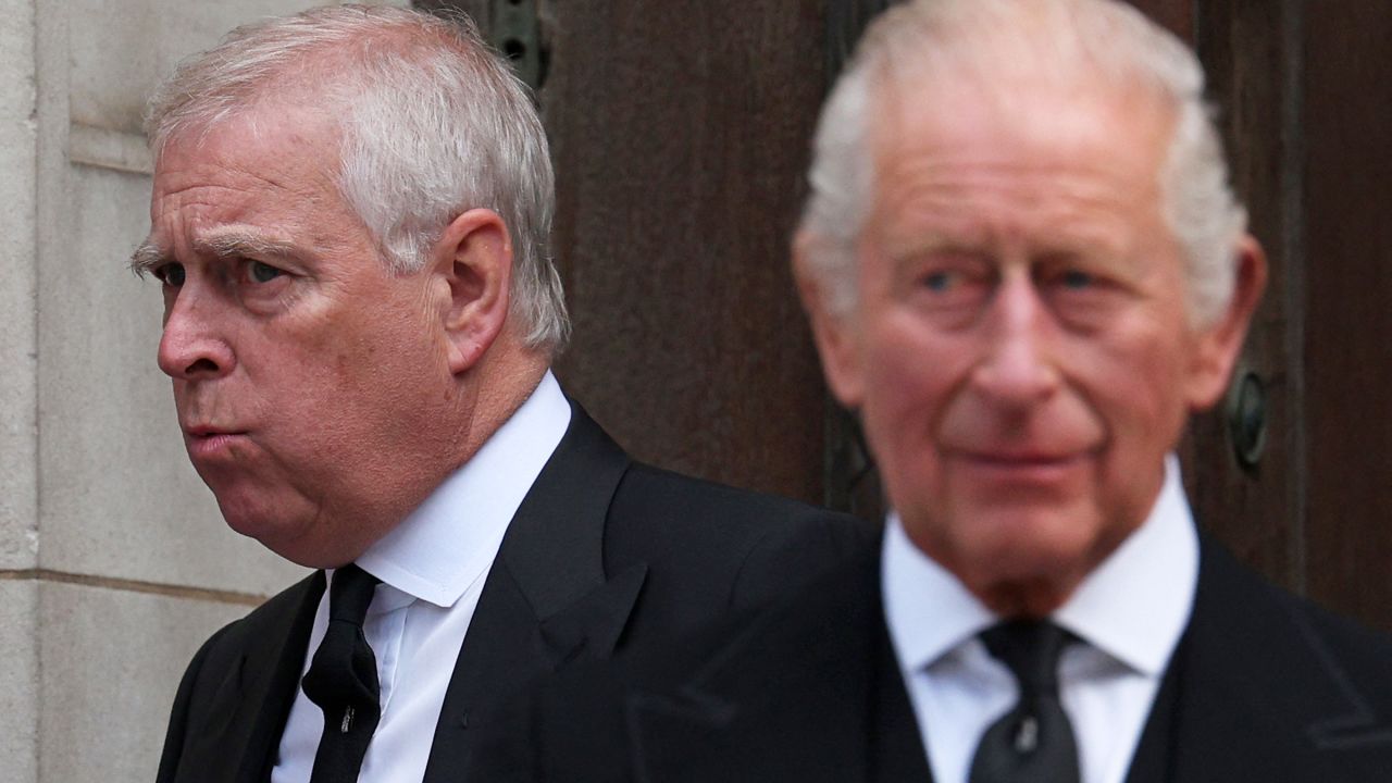 Britain's Prince Andrew, Duke of York (L) and Britain's King Charles III leave following a Requiem Mass, a Catholic funeral service, for the late Katharine, Duchess of Kent, at Westminster Cathedral in London on September 16, 2025.