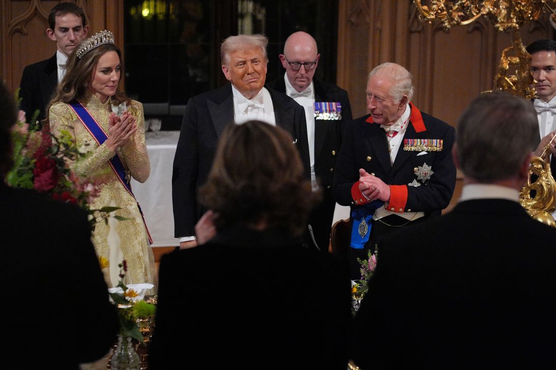 King Charles III and Catherine, Princess of Wales, applaud President Donald Trump after his speech during the state banquet at Windsor Castle on Wednesday in Windsor, England.