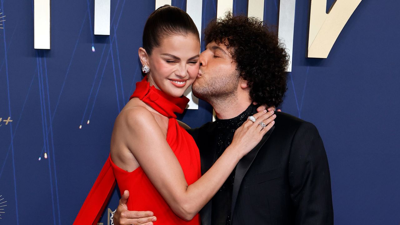 Selena Gomez and Benny Blanco attend the 77th Primetime Emmy Awards at Peacock Theater on September 14, 2025 in Los Angeles, California.