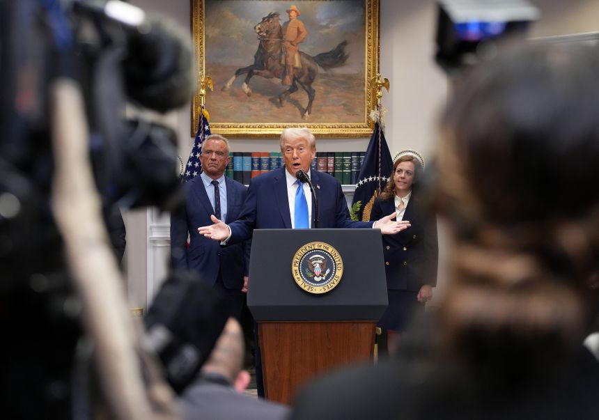 President Donald Trump answers questions after making an announcement on “significant medical and scientific findings for America’s children” in the Roosevelt Room of the White House on Monday, in Washington, DC.