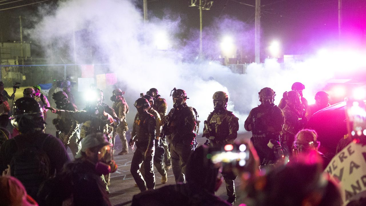 BROADVIEW, ILLINOIS - SEPTEMBER 27: Federal law enforcement agents attack demonstrators protesting outside of an immigrant processing center with a barrage of tear gas and pepper balls on September 27, 2025 in Broadview, Illinois.