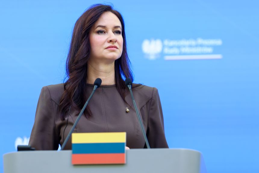 Lithuanian Prime Minister Inga Ruginiene during press conference in Warsaw, Poland on October 7.
