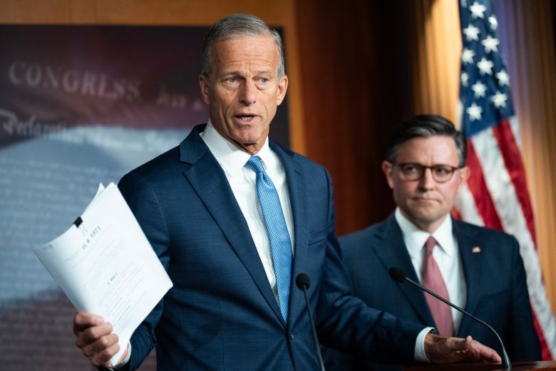 Senate Majority Leader John Thune speaks during a news conference with Speaker of the House Mike Johnson on the shutdown in the US Capitol on October 10.