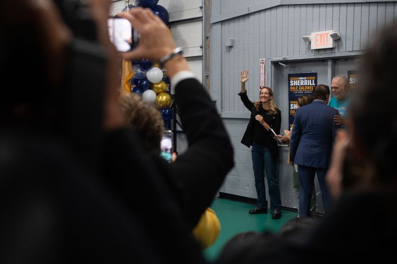 Mikie Sherrill speaks to a crowd in Westville New Jersey, on October 11.