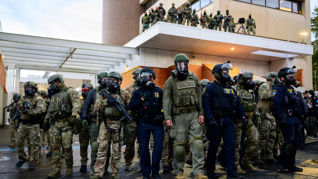 Federal agents clash with anti-I.C.E. protesters at the U.S. Immigration and Customs Enforcement building on October 12, 2025 in Portland, Oregon.