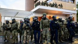 Federal agents clash with anti-I.C.E. protesters at the U.S. Immigration and Customs Enforcement building on October 12, 2025 in Portland, Oregon.