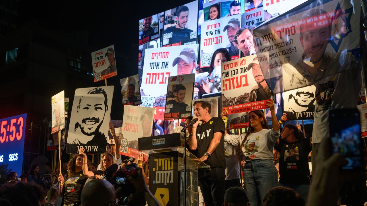 Ruby Chen, father of Itay Chen, speaks at the weekly 'Bring Them Home' rally in Hostage Square Hostages Square on October 11, 2025 in Tel Aviv, Israel.
