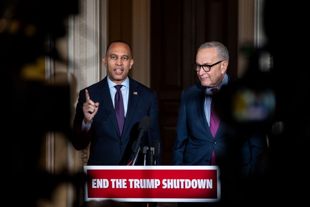 Representative Hakeem Jeffries and Senate Minority Leader Chuck Schumer during a news conference at the US Capitol in Washington, DC, on October 16.