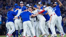 Toronto Blue Jays celebrate after defeating the Seattle Mariners in Game 7 of the American League Championship Series.
