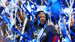 Vladimir Guerrero Jr. of the Toronto Blue Jays celebrates after game seven of the ALCS at the Rogers Centre on October 20, in Toronto, Ontario.