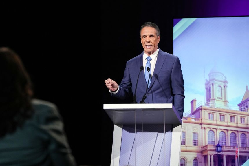 Cuomo participates in the second New York City mayoral debate at LaGuardia Performing Arts Center at LaGuardia Community College in Long Island City, Queens, New York, on October 22, 2025.