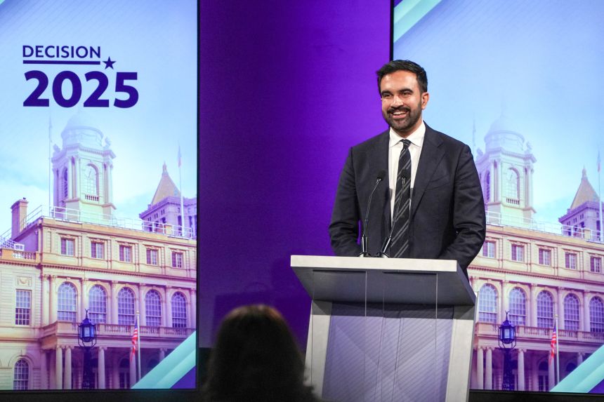 Democratic candidate Zohran Mamdani participates in the second New York City mayoral debate with Independent candidate and former New York Governor Andrew Cuomo and Republican candidate Curtis Sliwa at LaGuardia Performing Arts Center at LaGuardia Community College in Long Island City, Queens, New York, on October 22, 2025.