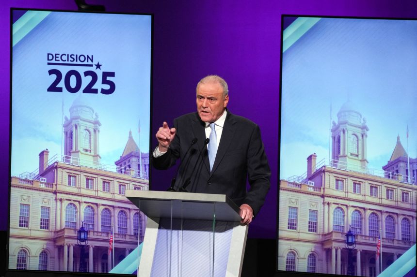 Republican candidate Curtis Sliwa participates in the second New York City mayoral debate with Democratic candidate Zohran Mamdani and Independent candidate and former New York Governor Andrew Cuomo at LaGuardia Performing Arts Center at LaGuardia Community College in Long Island City, Queens, New York, on October 22, 2025.
