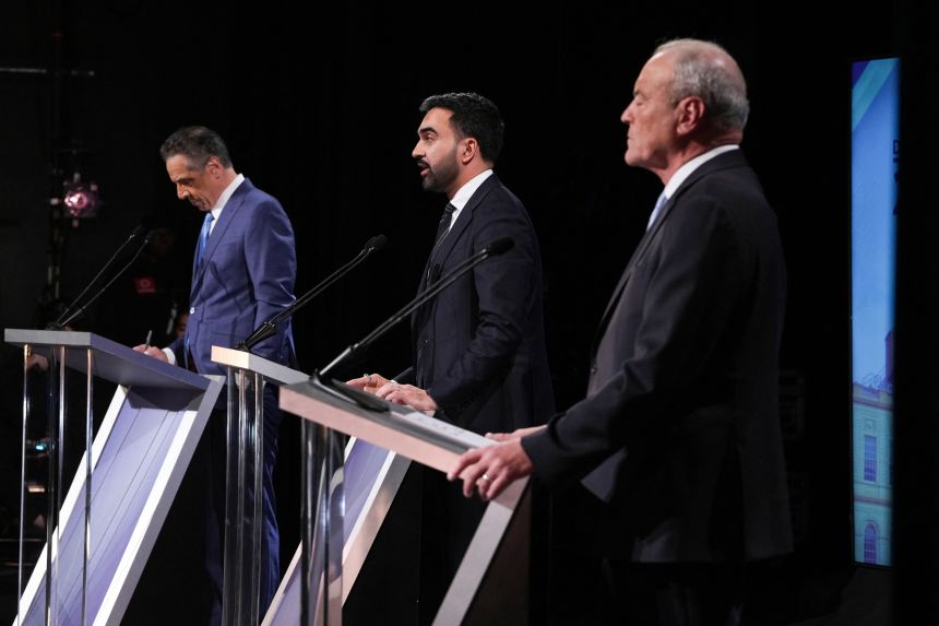 Independent candidate Andrew Cuomo, Democratic candidate Zohran Mamdani and Republican candidate Curtis Sliwa participate in the second New York City mayoral debate at LaGuardia Community College in Long Island City, Queens, on October 22.