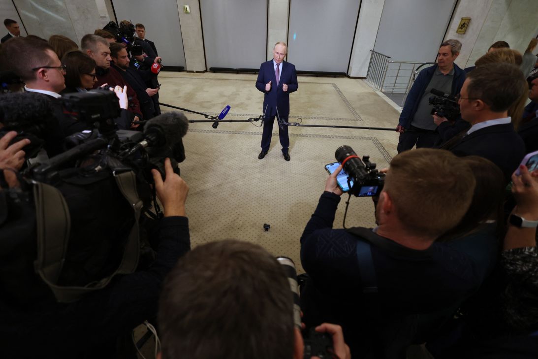 Russia's President Vladimir Putin addresses the media after attending a meeting of the Russian Geographical Society in Moscow on Wednesday.