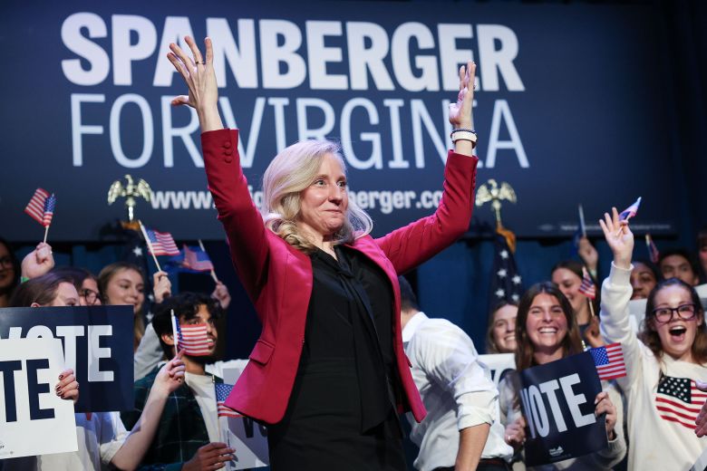Abigail Spanberger, reacts to the audience after speaking at a campaign rally in Charlottesville, Virginia, on October 20.