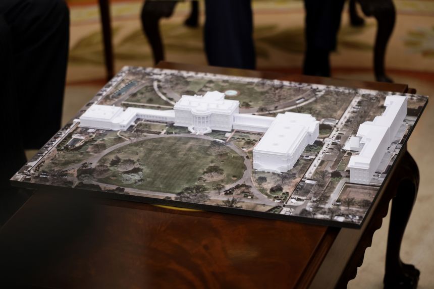 A rendering of President Donald Trump's proposed $250 million White House ballroom is displayed as he meets with NATO Secretary General Mark Rutte in the Oval Office on Wednesday.
