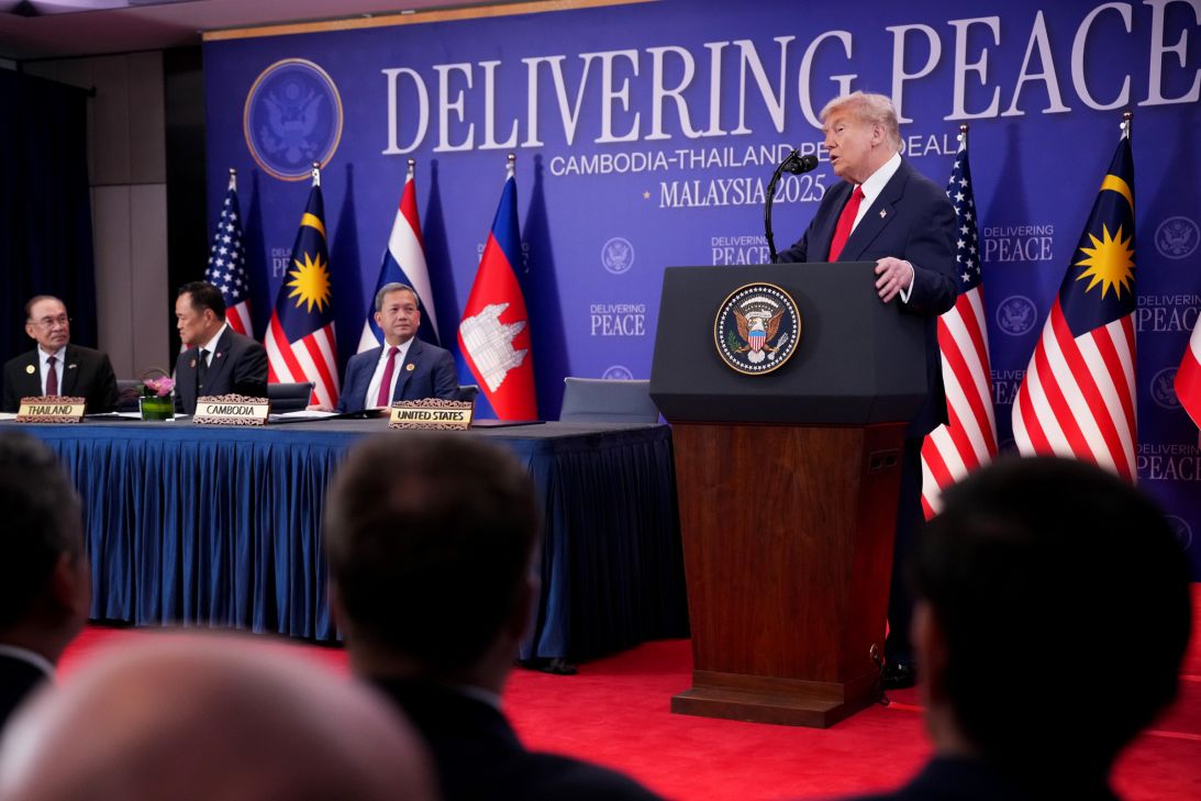 US President Donald Trump speaks as he presides over the signing of a Cambodia-Thailand peace deal as Malaysian Prime Minister Anwar Ibrahim, Thai Prime Minister Anutin Charnvirakul and Cambodian Prime Minister Hun Manet look on Sunday in Kuala Lumpur, Malaysia.