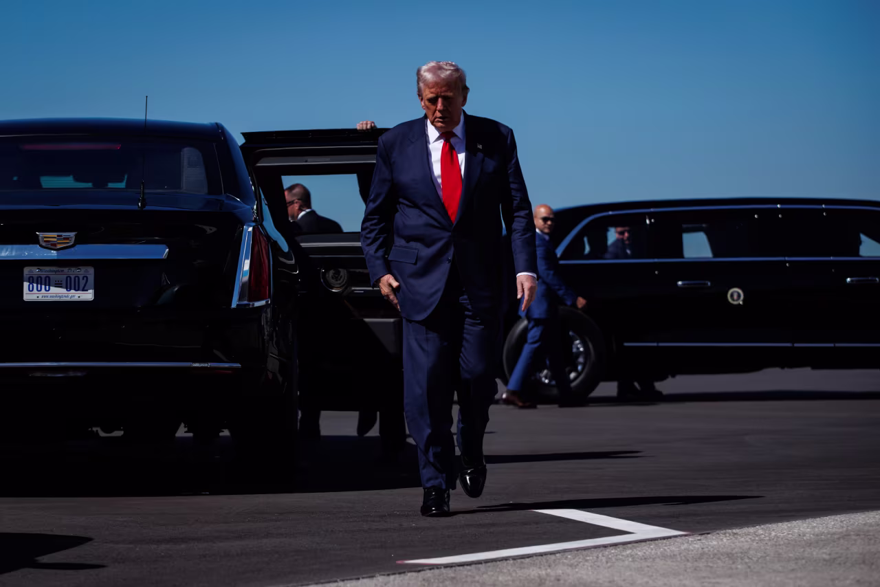 US President Donald Trump arrives at Palm Beach International Airport on Friday in West Palm Beach, Florida.