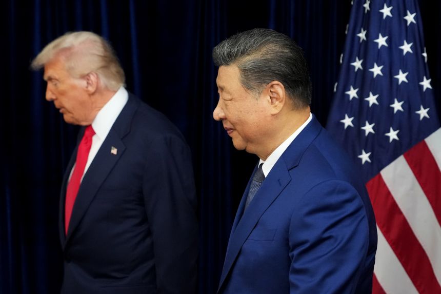US President Donald Trump and Chinese President Xi Jinping ahead of their meeting at the Gimhae Air Base on October 30, 2025 in Busan, South Korea.