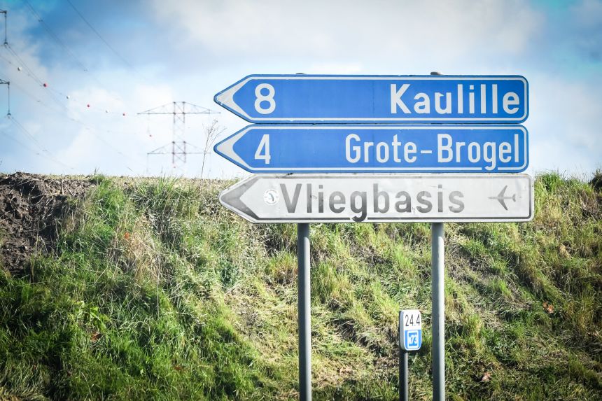 A road sign is seen pointing toward the Kleine Brogel on Sunday, November 2, 2025.