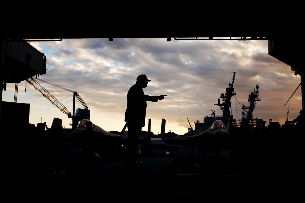 US President Donald Trump arrives to speak to troops aboard USS George Washington at Fleet Activities Yokosuka on October 28, 2025 in Yokosuka, Japan.