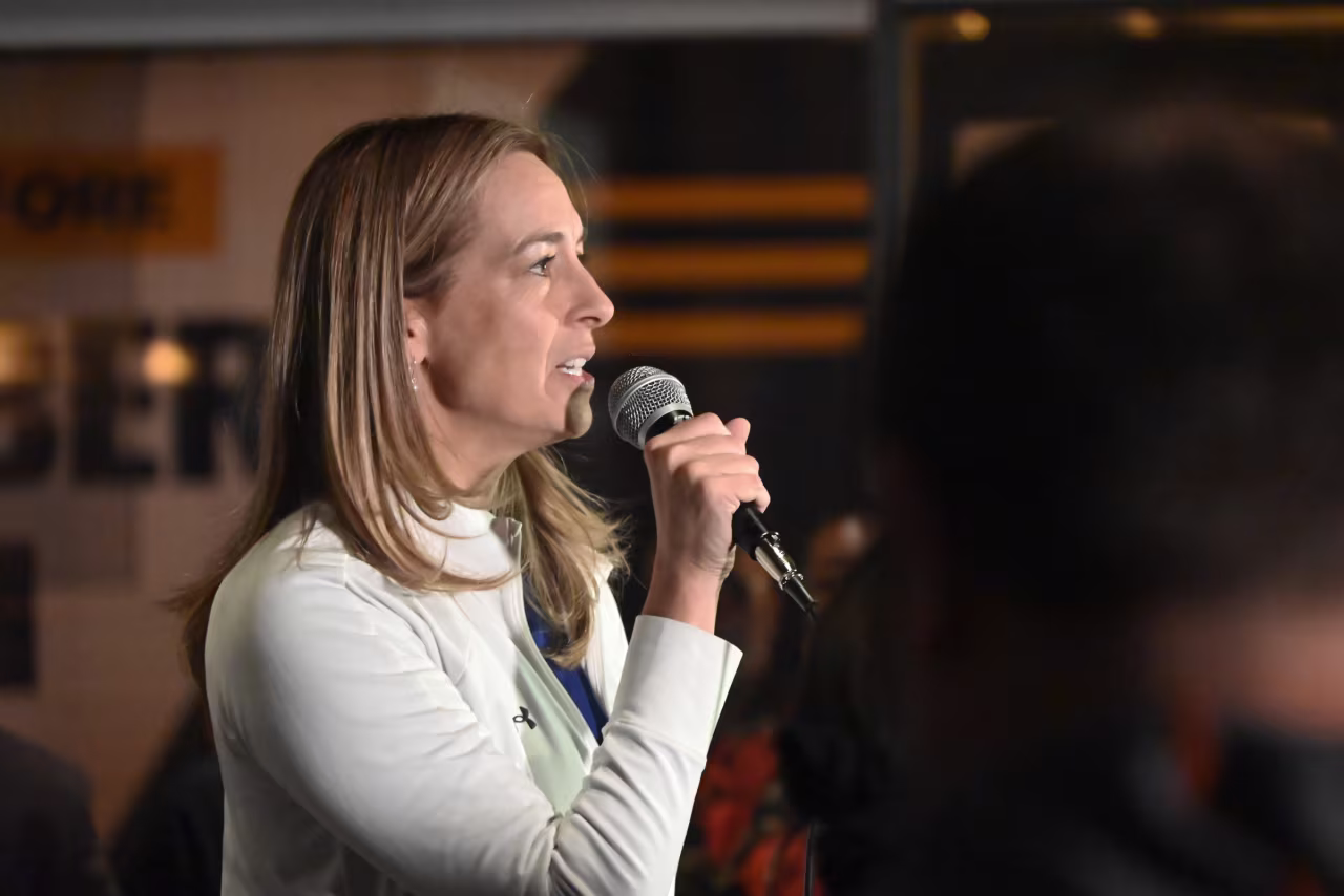 Gubernatorial candidate for Governor of New Jersey Mikie Sherrill speaks at a Get Out The Vote Rally in Camden, New Jersey, on Sunday.