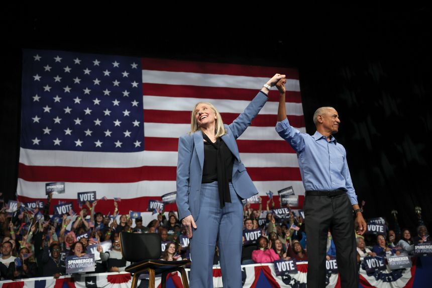 Former President Barack Obama and former Rep. Abigail Spanberger at a campaign rally on November 1 in Norfolk, Virginia.