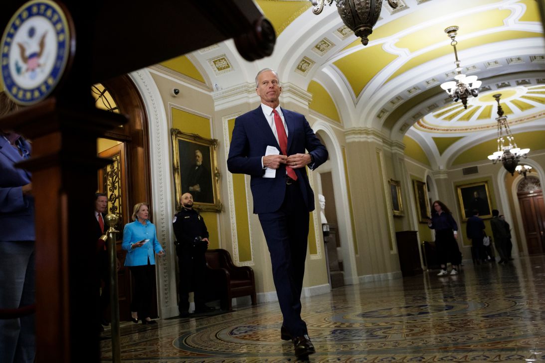 Senate Majority Leader John Thune approaches the podium before speaking to reporters at the Weekly Senate Policy Luncheon news conference on Tuesday on Capitol Hill in Washington, DC.