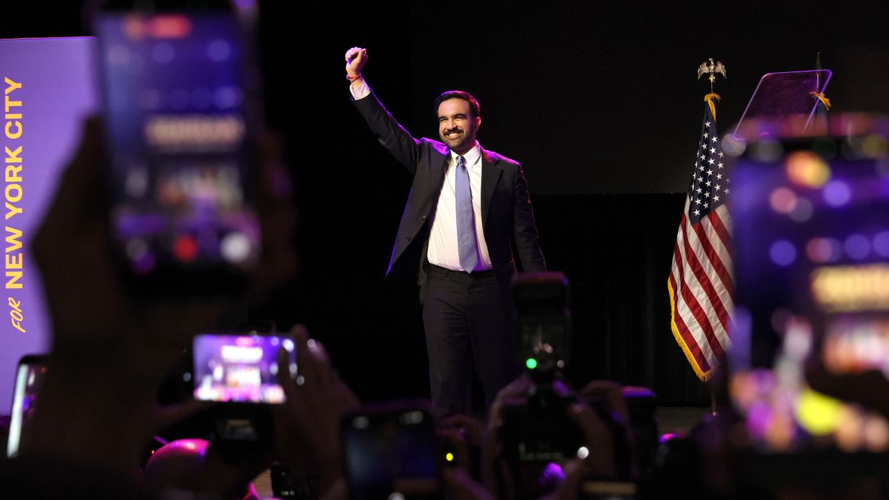New York City Democratic mayoral candidate Zohran Mamdani celebrates as he takes the stage at his election night watch party at the Brooklyn Paramount on November 4, 2025, in the Brooklyn borough of New York City.