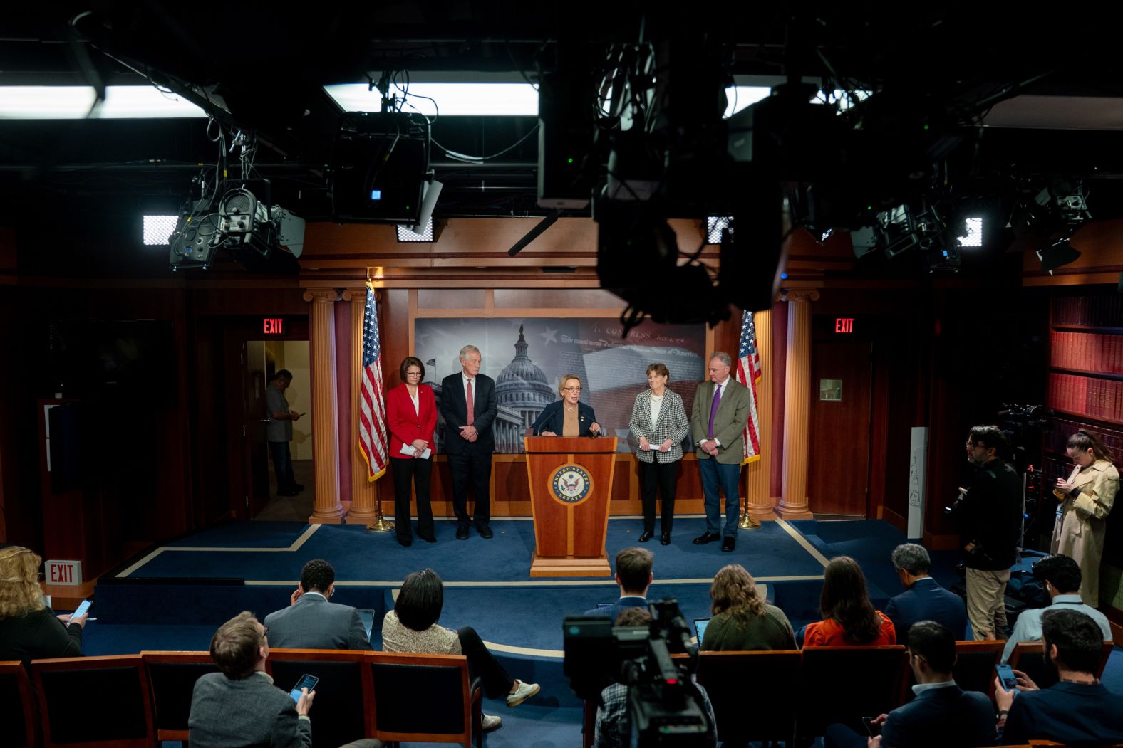 A group of Democrats and one Democratic-aligned independent appear at a news conference in Washington, DC, after <a href="index.php?page=&url=https%3A%2F%2Fwww.cnn.com%2F2025%2F11%2F09%2Fpolitics%2Fdemocrats-voting-government-shutdown-deal">they voted with Republicans on an agreement that would end the federal government shutdown</a> on Sunday, November 9. From left are Nevada Sen. Catherine Cortez Masto, Maine Sen. Angus King, New Hampshire Sen. Maggie Hassan, New Hampshire Sen. Jeanne Shaheen and Virginia Sen. Tim Kaine. Three other Democrats, not pictured, also voted with Republicans.