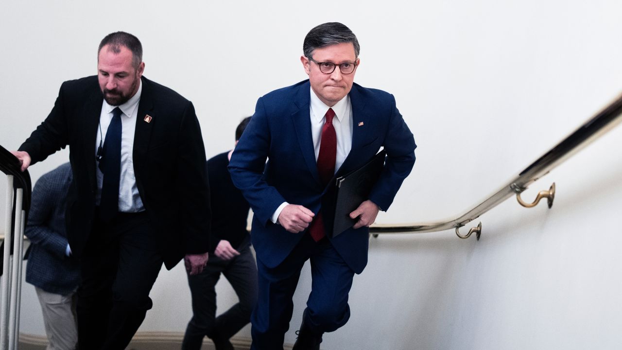 UNITED STATES - NOVEMBER 10: Speaker of the House Mike Johnson, R-La., is seen in the U.S. Capitol after briefing the media on a timeline to possibly end the government shutdown on Monday, November 10, 2025.