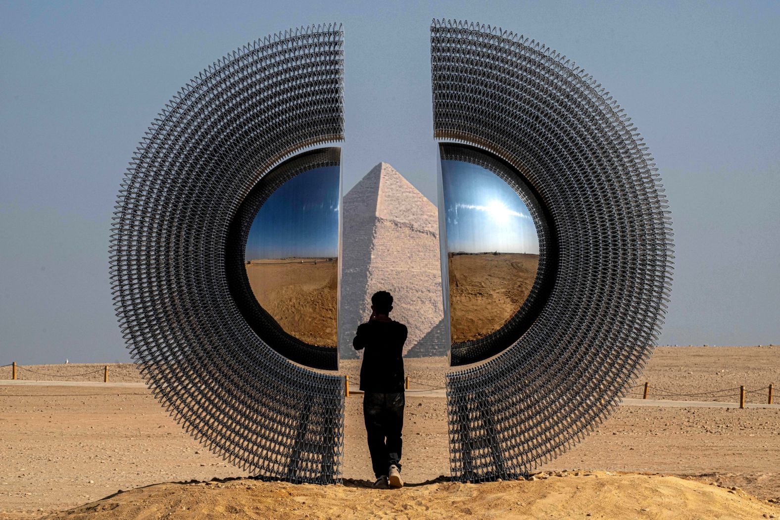 “The Shen,” an art installation by Mert Ege Kose, is seen in the “Forever Is Now” art exhibition at the Giza pyramid complex in Egypt on Tuesday, November 11.