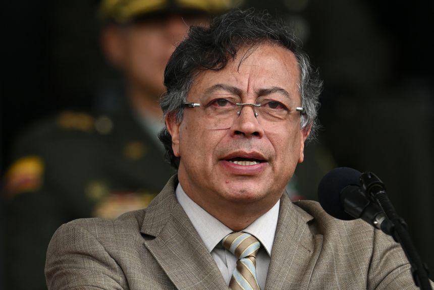 Colombia's President Gustavo Petro delivers a speech during the commemoration of the 134th anniversary of the National Police and the promotion of officers at the General Santander Police Academy in Bogota on November 13.
