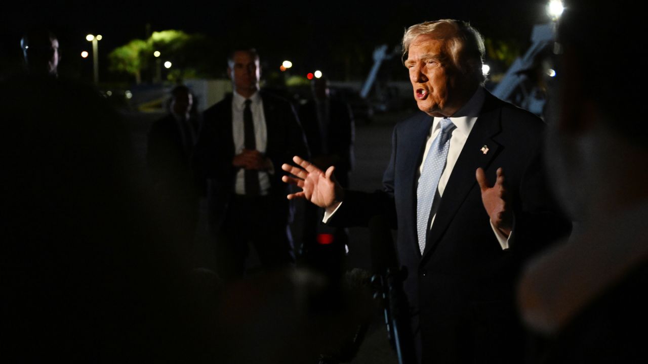 President Donald Trump speaks to reporters before boarding Air Force One on November 16, 2025 at Palm Beach International Airport in West Palm Beach, Florida.